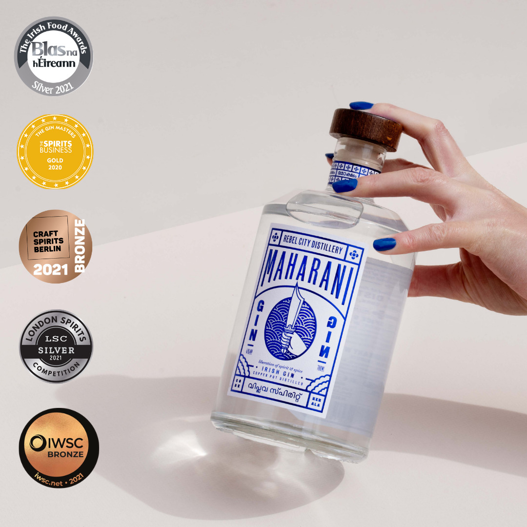 Bottles with awards Maharani multi-award-winning gin
